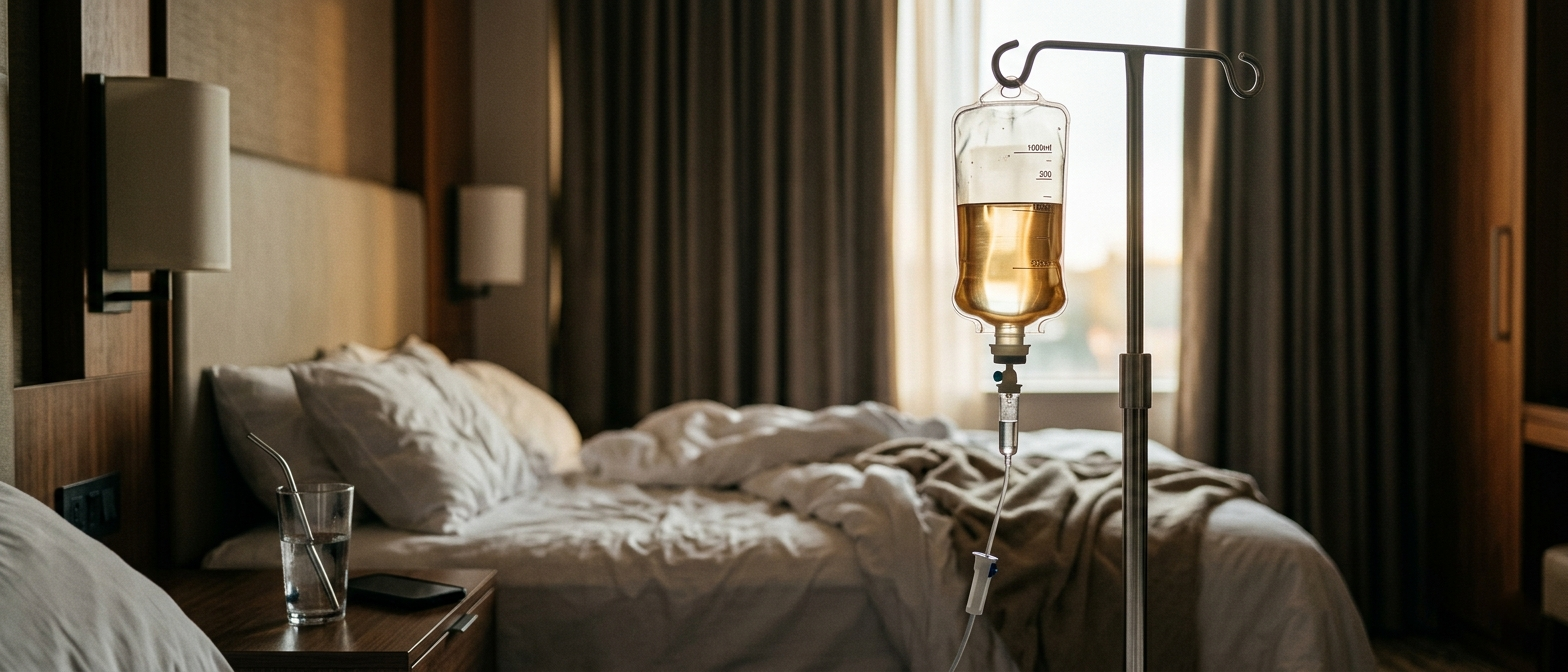 IV drip bag on a stand beside a hotel bed in morning light — hangover recovery IV therapy