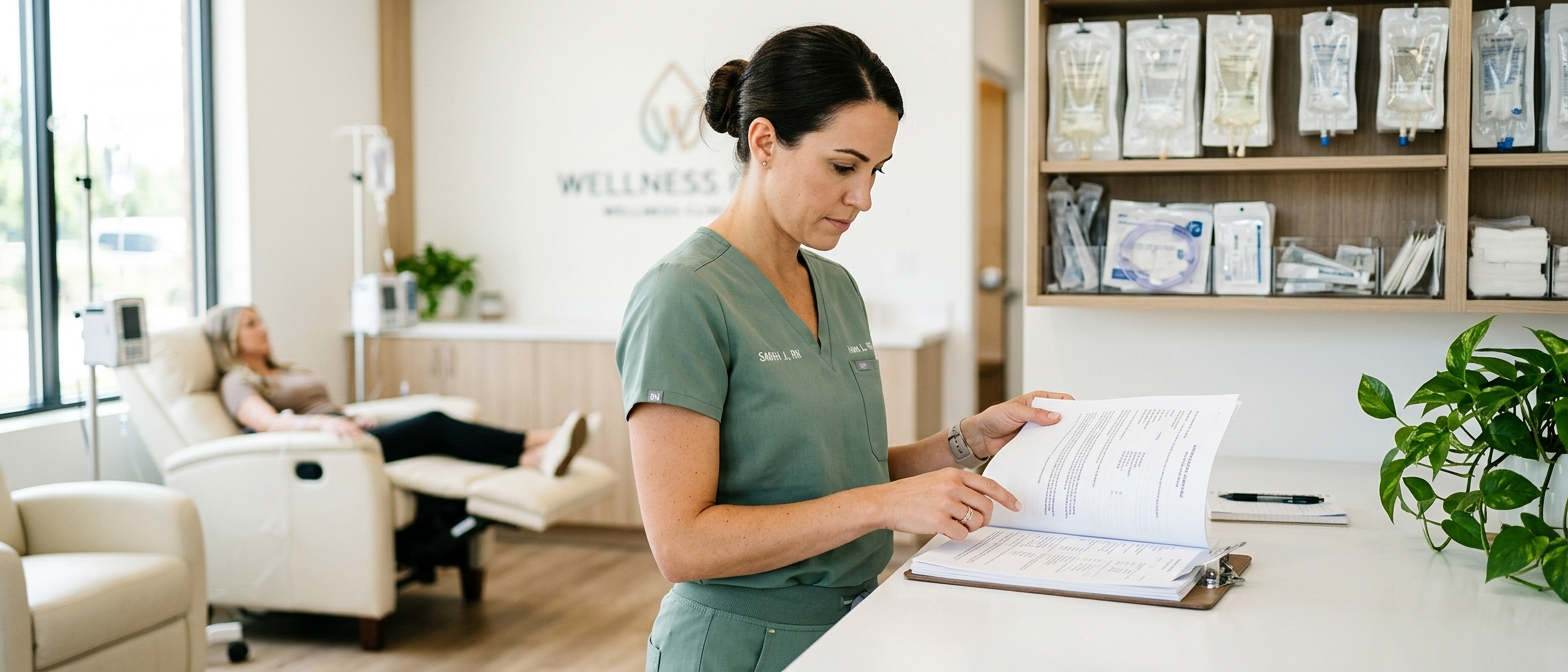 Licensed nurse reviewing IV therapy credentials and safety protocols at a wellness clinic
