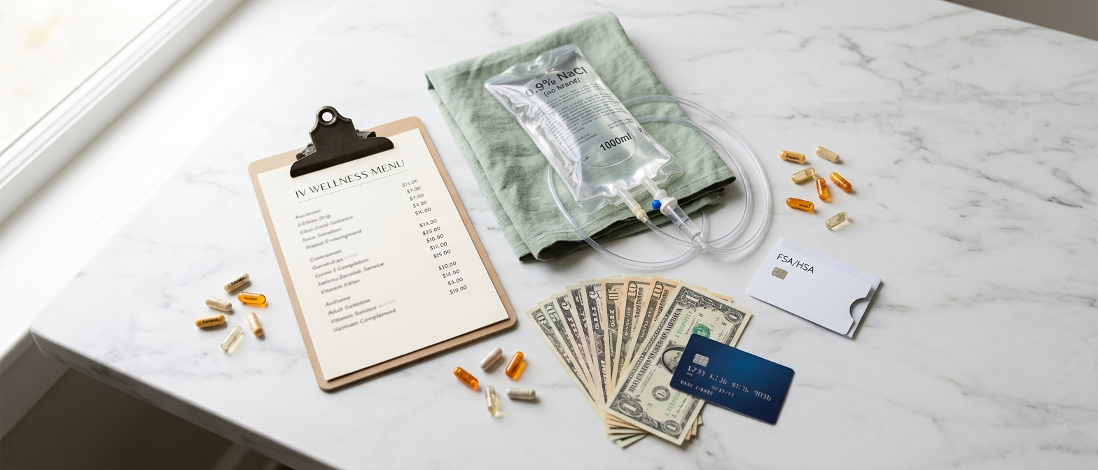 IV therapy pricing items including drip bag, cost breakdown and FSA card on white marble surface