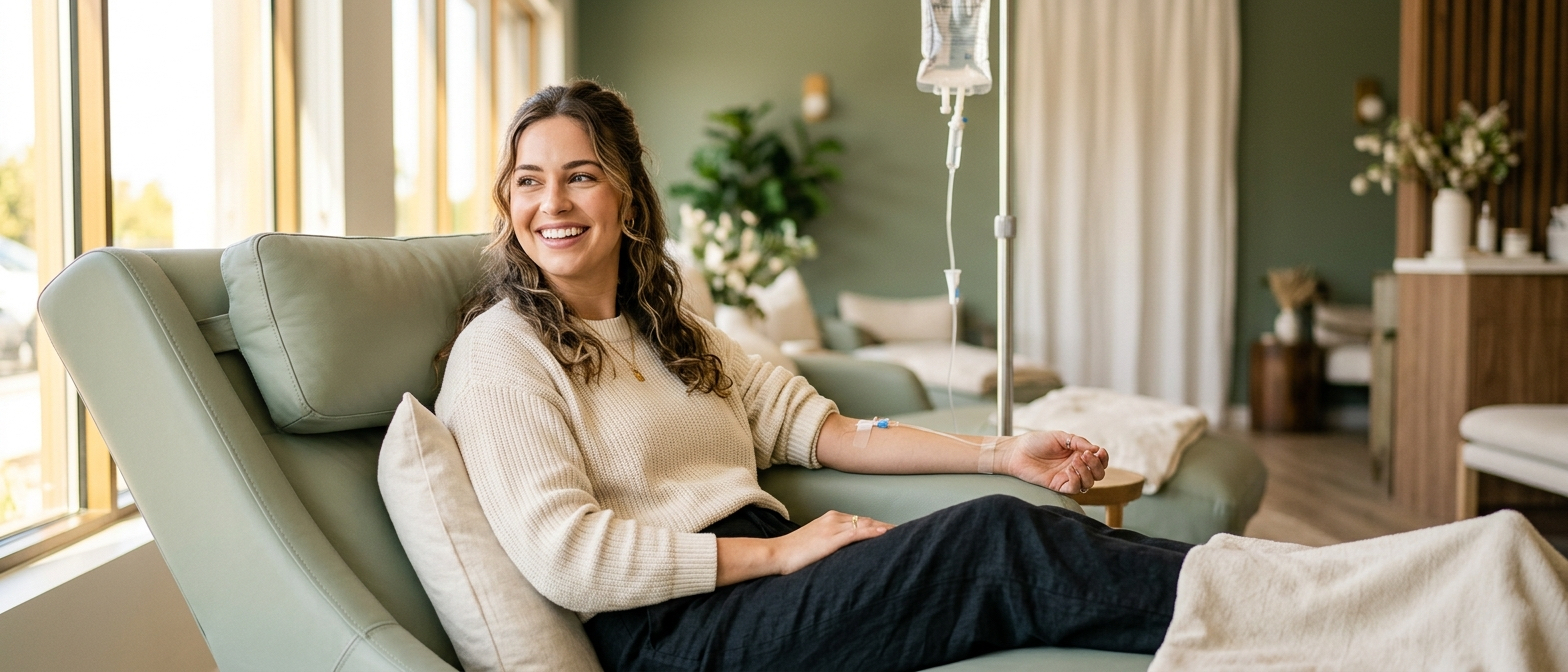 Person relaxing in a wellness clinic chair receiving an IV drip therapy session