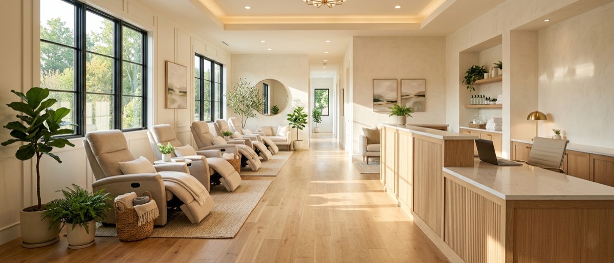 Modern IV therapy clinic interior with recliner chairs, natural light, and welcoming wellness atmosphere