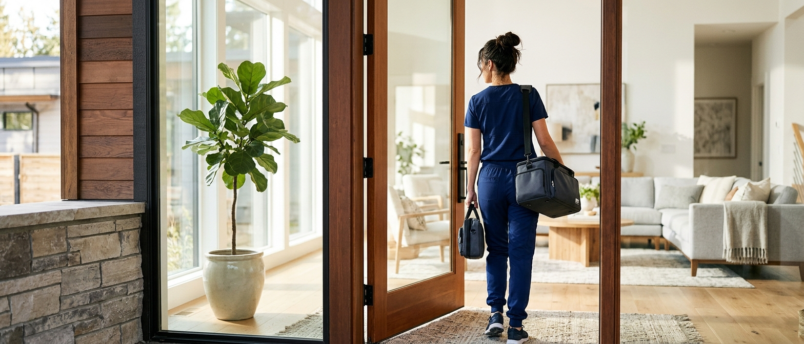 Mobile IV therapy nurse arriving at home with IV equipment