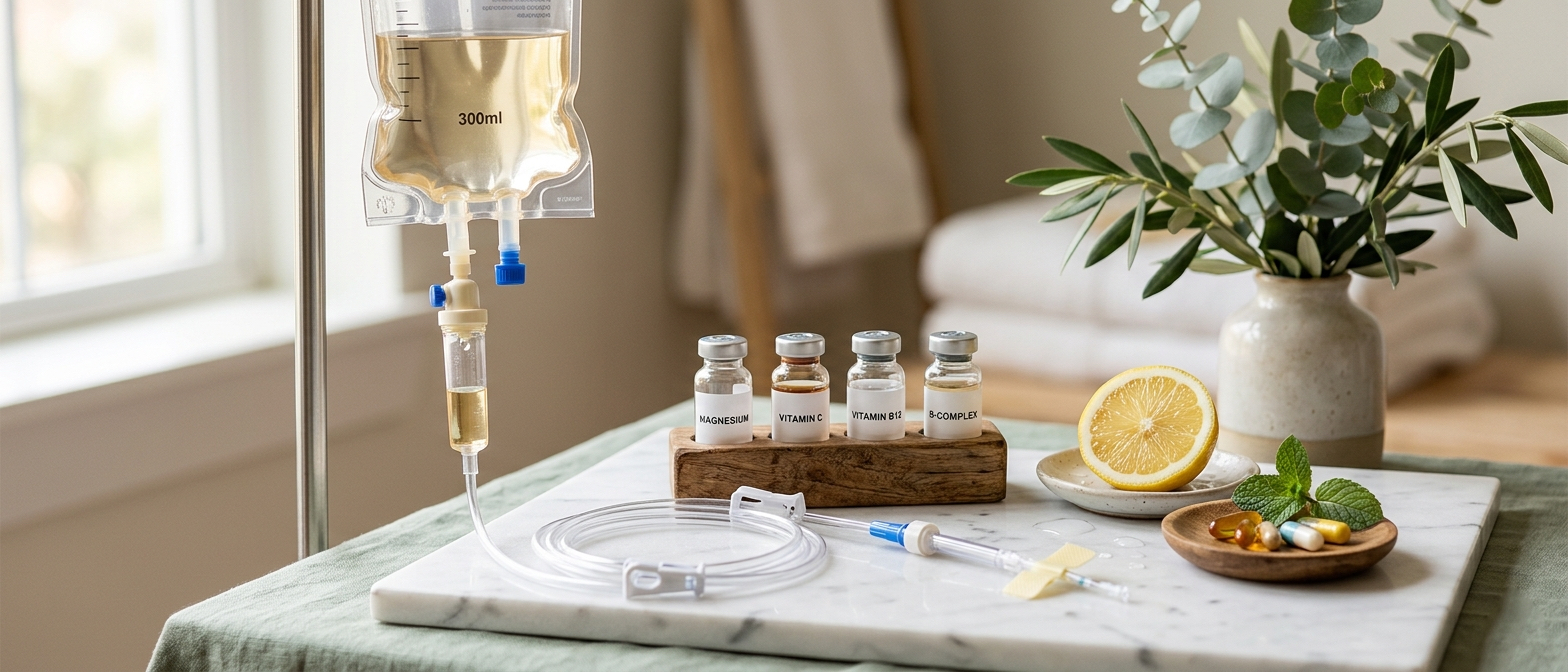 Myers Cocktail IV therapy session with vitamin vials including magnesium, vitamin C, vitamin B12, and B-complex on a marble surface