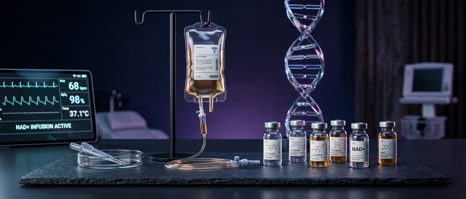 NAD+ IV therapy infusion setup with vials and monitoring equipment in a modern wellness clinic